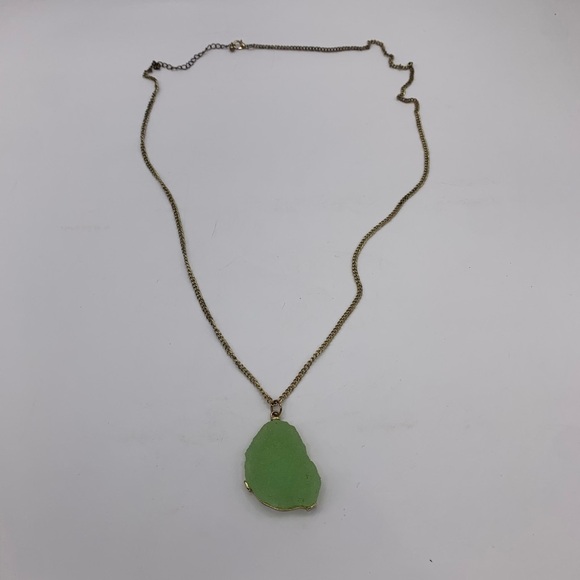 Long Vintage BOHO Necklace With Lime Green Geode Crystal Pendant 34” - Picture 2 of 5